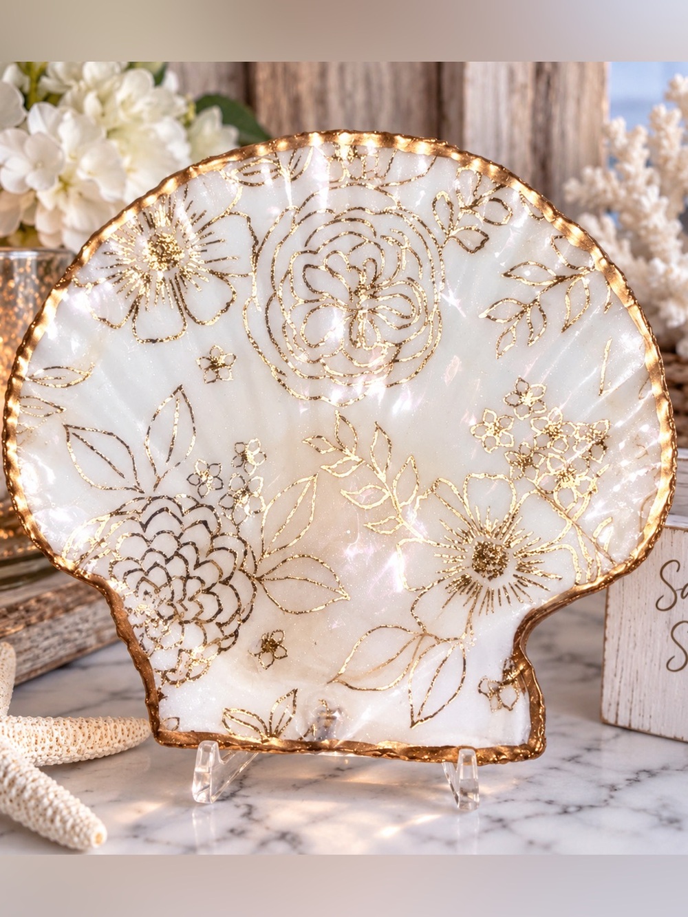 Decoupage Scallop Shell Gold Floral Shell Trinket Dish - Decorative Home Art
